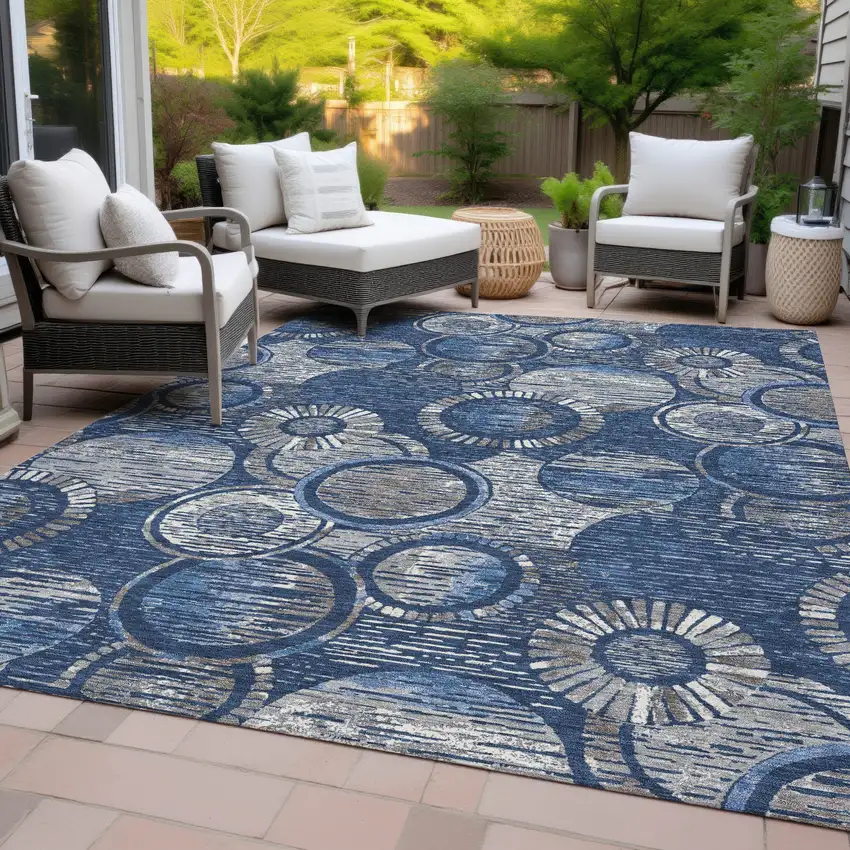 Navy Blue And Gray Geometric Washable Indoor Outdoor Area Rug Photo 9