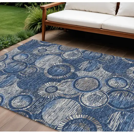 Navy Blue And Gray Geometric Washable Indoor Outdoor Area Rug Photo 2