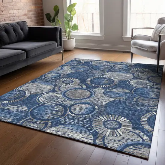 Navy Blue And Gray Geometric Washable Indoor Outdoor Area Rug Photo 7