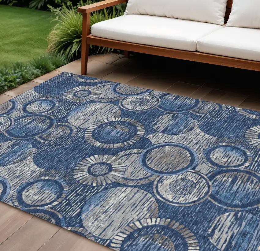 Navy Blue And Gray Geometric Washable Indoor Outdoor Area Rug Photo 2
