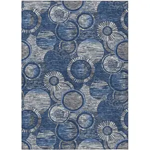 Photo of Navy Blue And Gray Geometric Washable Indoor Outdoor Area Rug