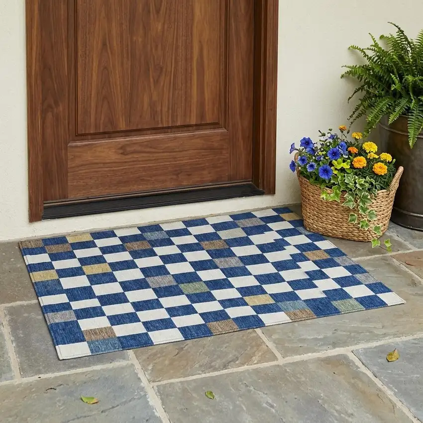 Navy Blue And Gray Geometric Washable Indoor Outdoor Area Rug Photo 1