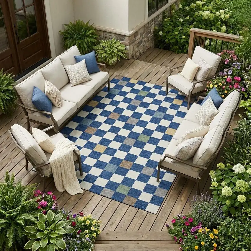 Navy Blue And Gray Geometric Washable Indoor Outdoor Area Rug Photo 1