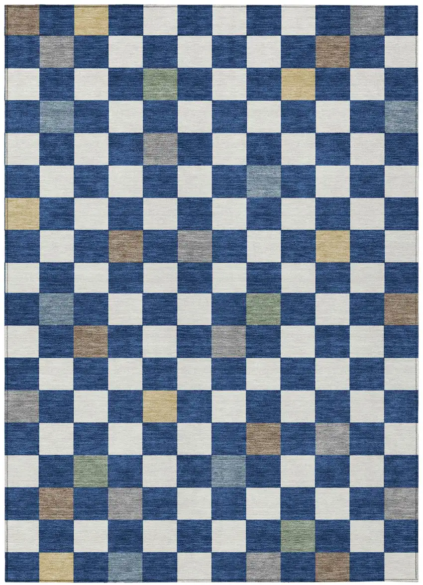Navy Blue And Gray Geometric Washable Indoor Outdoor Area Rug Photo 2