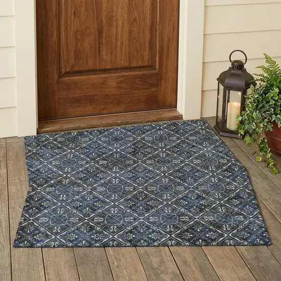 Navy Blue And Gray Geometric Washable Indoor Outdoor Area Rug Photo 1
