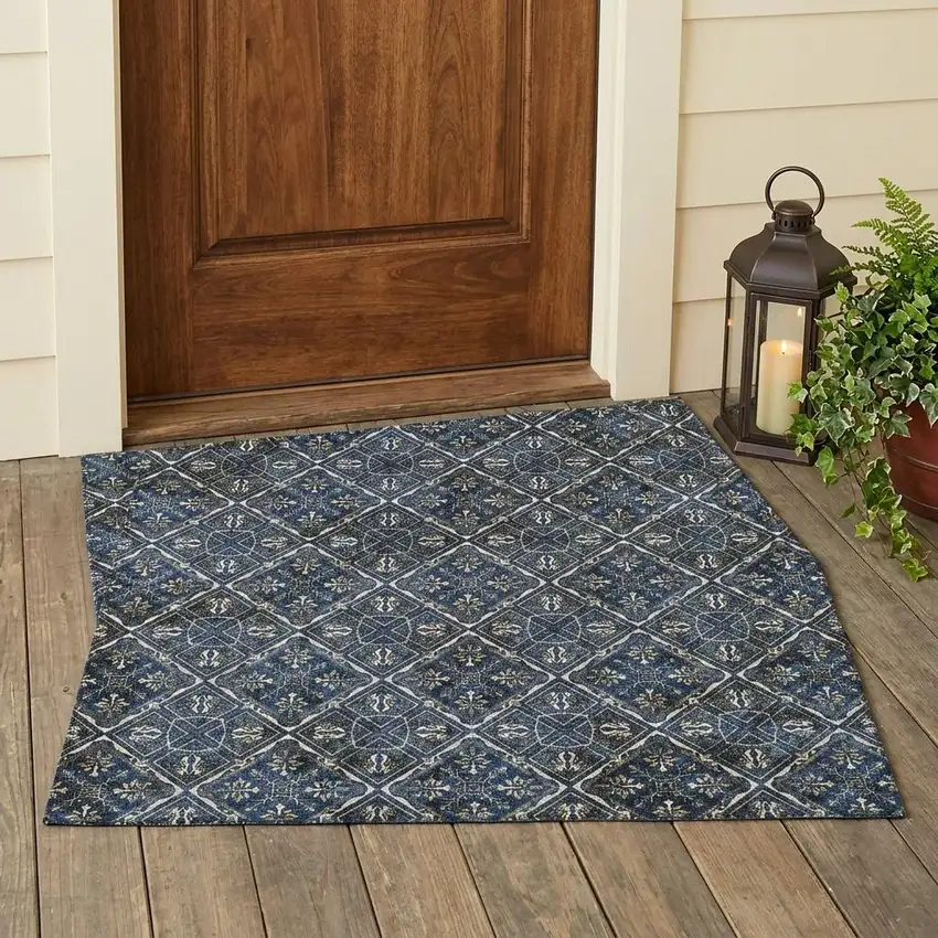 Navy Blue And Gray Geometric Washable Indoor Outdoor Area Rug Photo 1