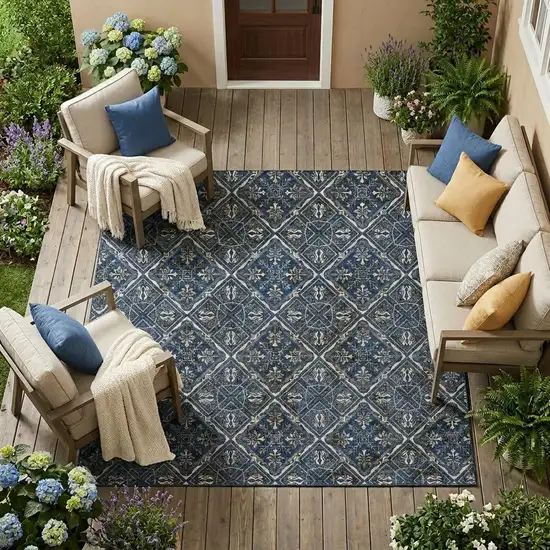 Navy Blue And Gray Geometric Washable Indoor Outdoor Area Rug Photo 1