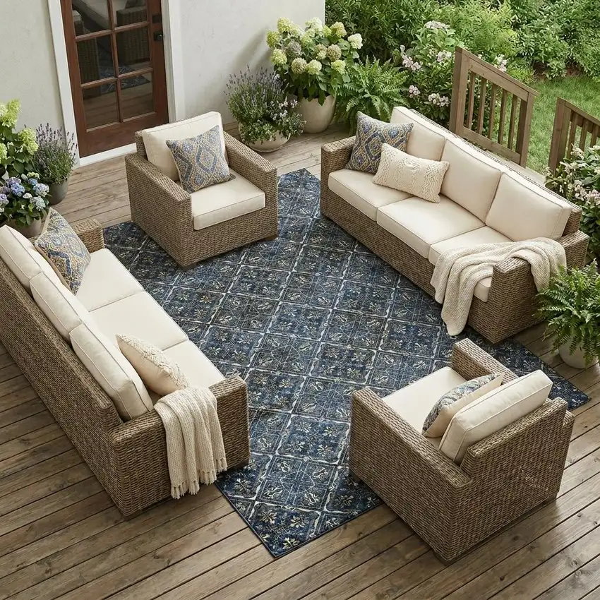 Navy Blue And Gray Geometric Washable Indoor Outdoor Area Rug Photo 1
