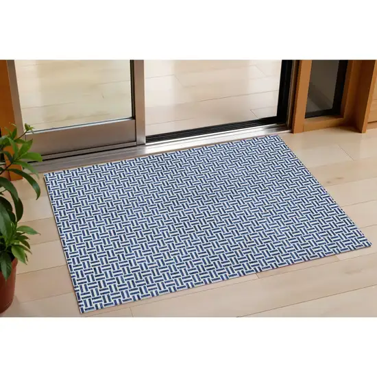 Navy Blue And Gray Geometric Washable Indoor Outdoor Area Rug Photo 1