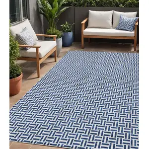 Photo of Navy Blue And Gray Geometric Washable Indoor Outdoor Area Rug