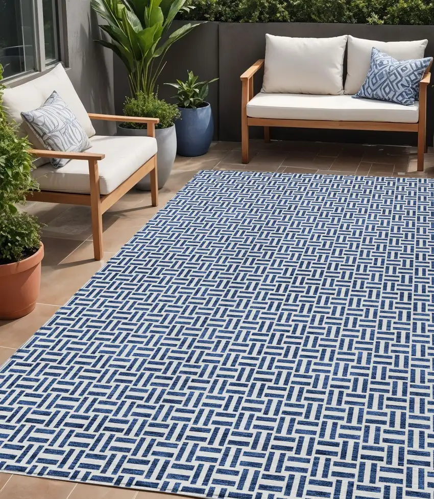 Navy Blue And Gray Geometric Washable Indoor Outdoor Area Rug Photo 1