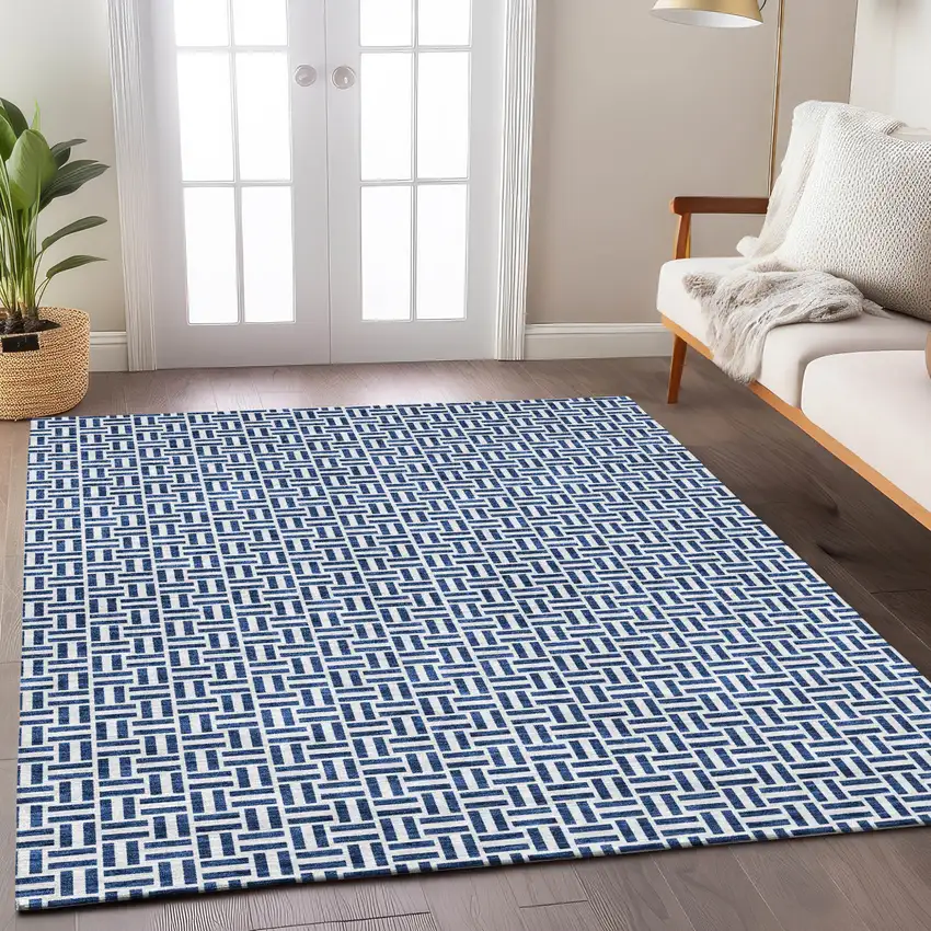 Navy Blue And Gray Geometric Washable Indoor Outdoor Area Rug Photo 9
