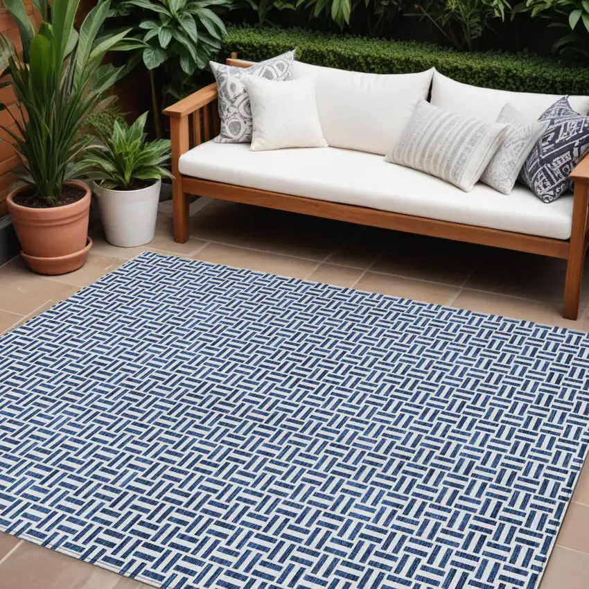 Navy Blue And Gray Geometric Washable Indoor Outdoor Area Rug Photo 1