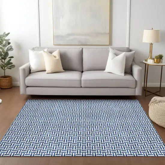 Navy Blue And Gray Geometric Washable Indoor Outdoor Area Rug Photo 9