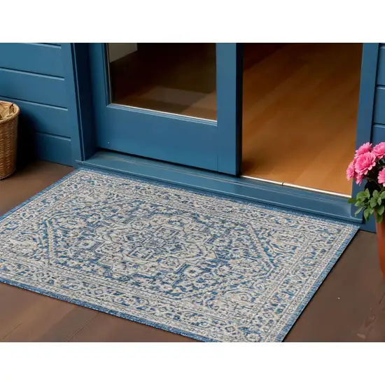 Navy Blue And Gray Medallion Indoor Outdoor Area Rug Photo 1
