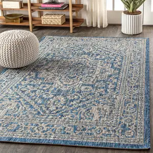 Photo of Navy Blue And Gray Medallion Indoor Outdoor Area Rug