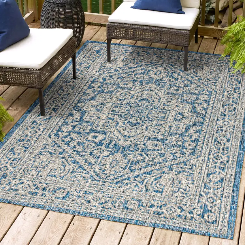Navy Blue And Gray Medallion Indoor Outdoor Area Rug Photo 9