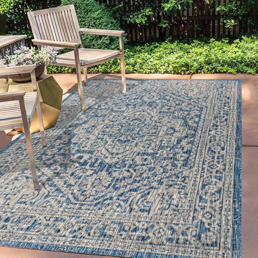Navy Blue And Gray Medallion Indoor Outdoor Area Rug Photo 8