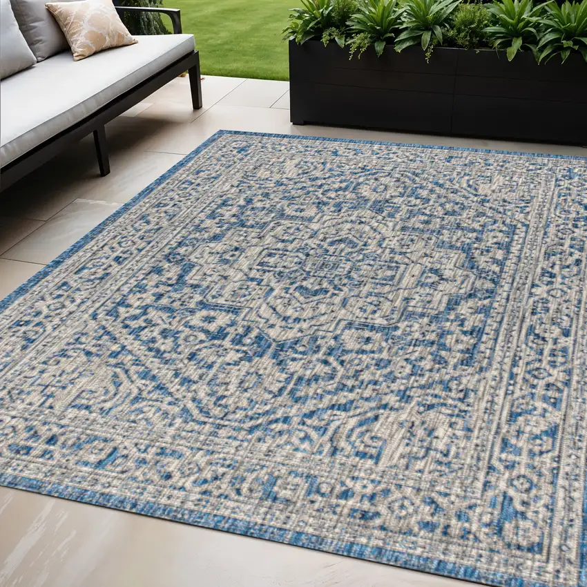 Navy Blue And Gray Medallion Indoor Outdoor Area Rug Photo 1