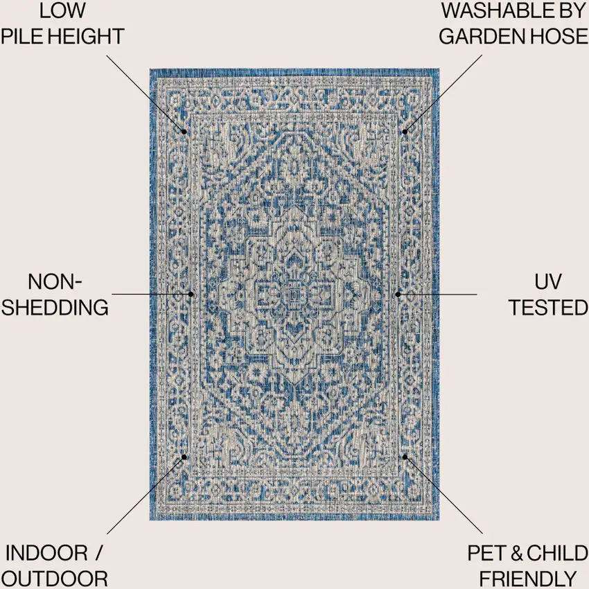 Navy Blue And Gray Medallion Indoor Outdoor Area Rug Photo 9