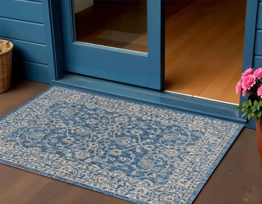 Navy Blue And Gray Medallion Indoor Outdoor Area Rug Photo 1