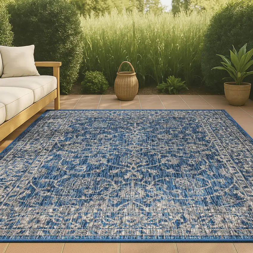 Navy Blue And Gray Medallion Indoor Outdoor Area Rug Photo 4