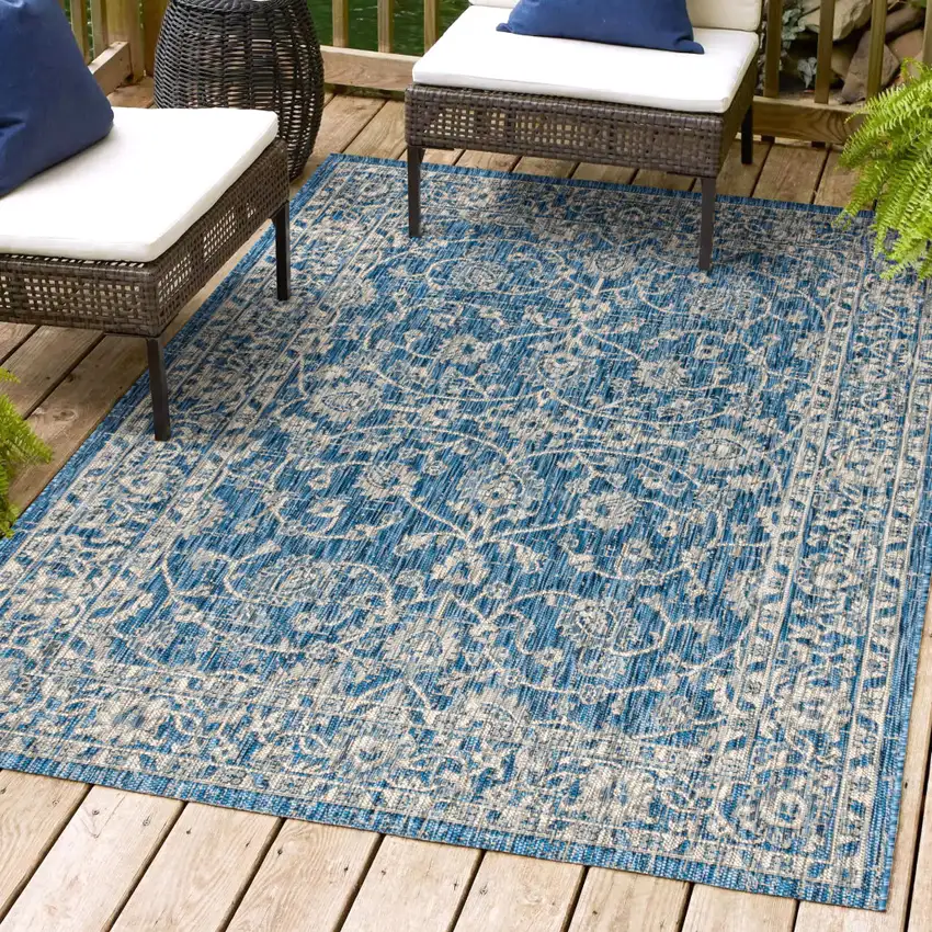Navy Blue And Gray Medallion Indoor Outdoor Area Rug Photo 8