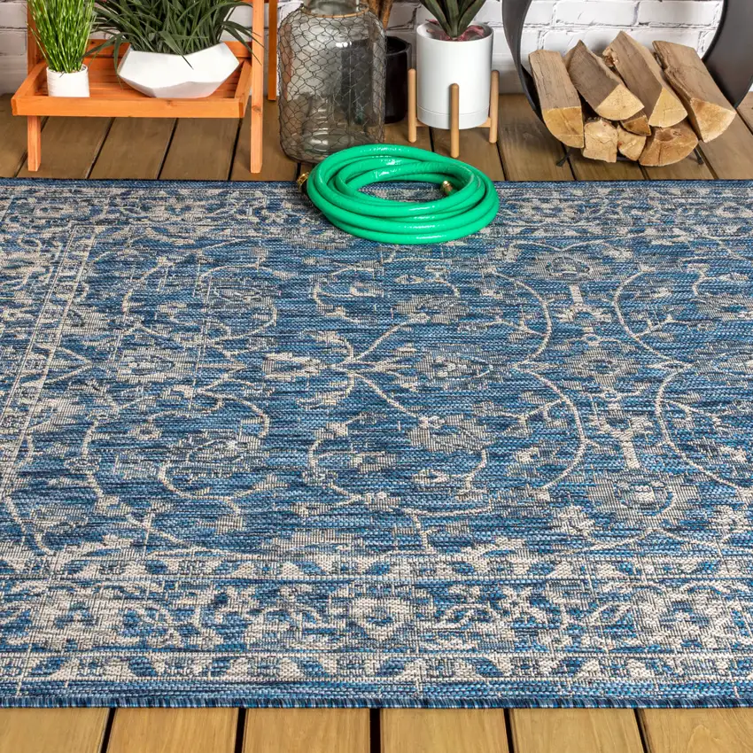 Navy Blue And Gray Medallion Indoor Outdoor Area Rug Photo 6