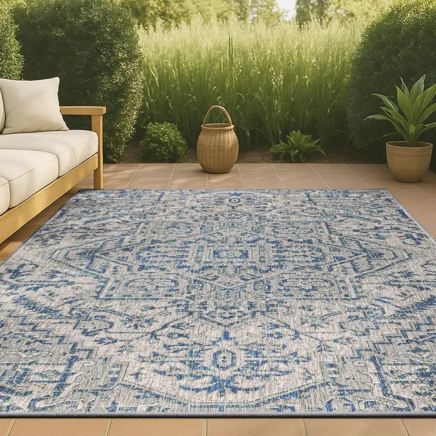 Navy Blue And Gray Medallion Indoor Outdoor Area Rug Photo 4