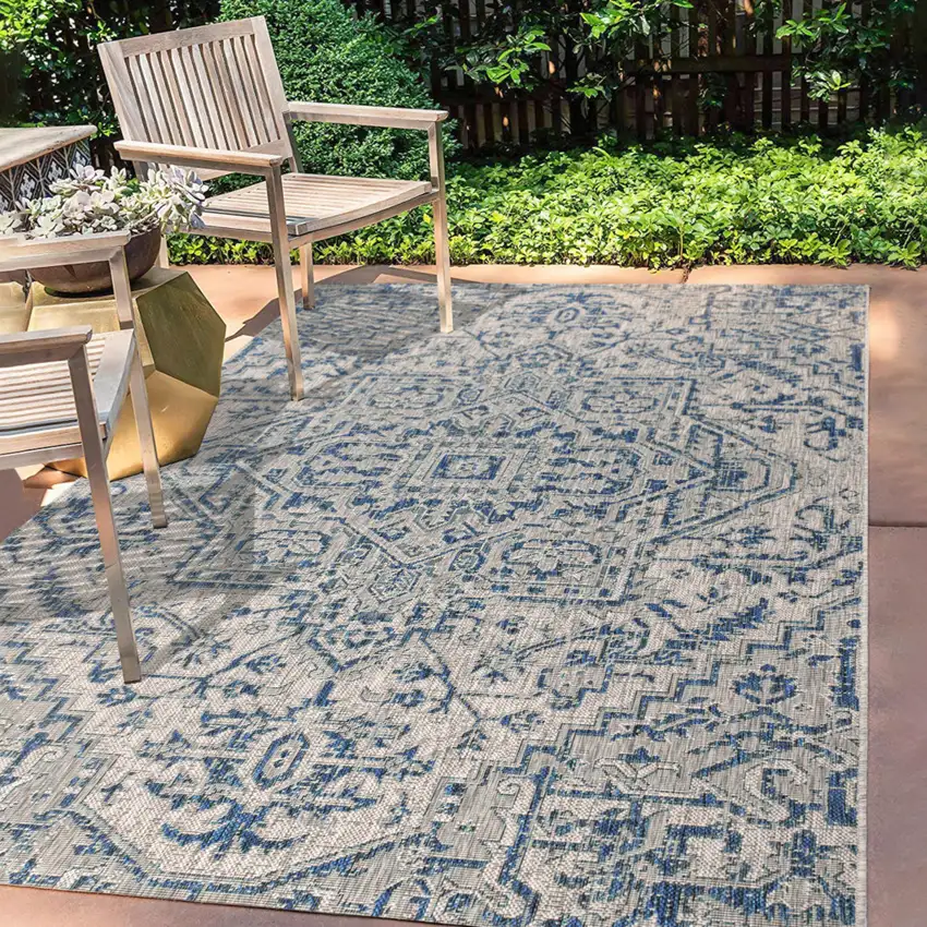 Navy Blue And Gray Medallion Indoor Outdoor Area Rug Photo 8