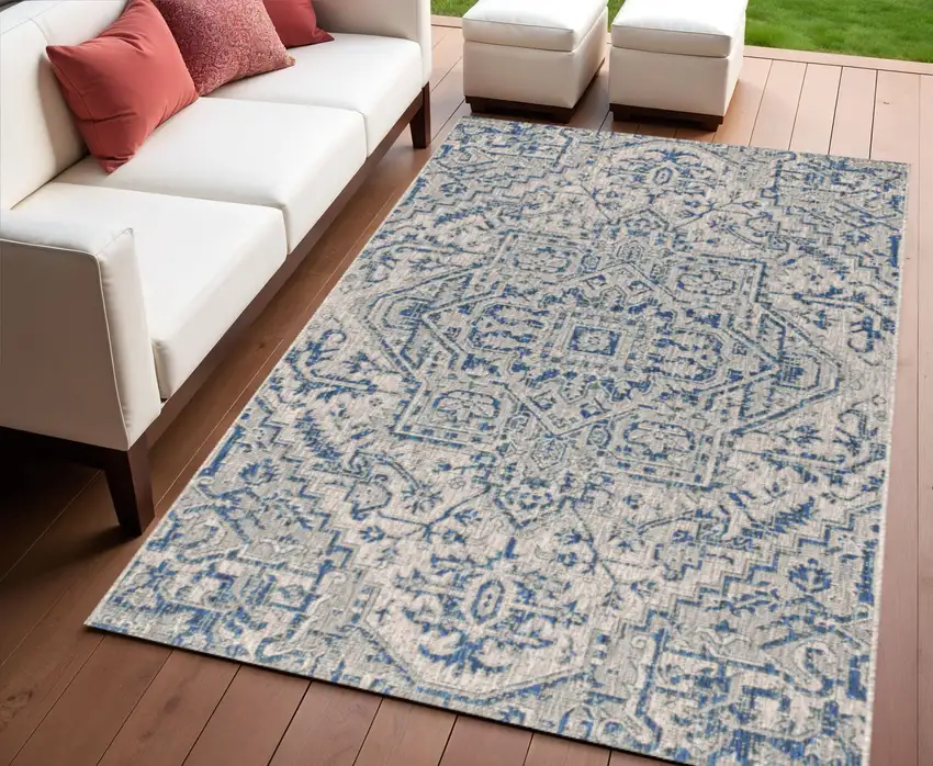 Navy Blue And Gray Medallion Indoor Outdoor Area Rug Photo 1