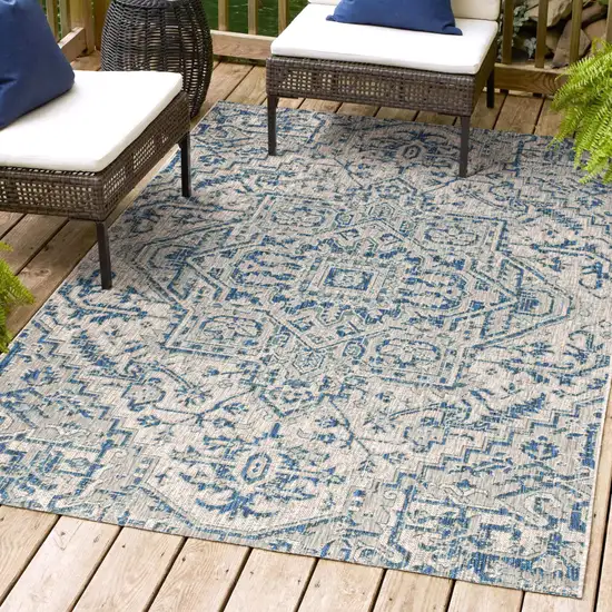 Navy Blue And Gray Medallion Indoor Outdoor Area Rug Photo 9