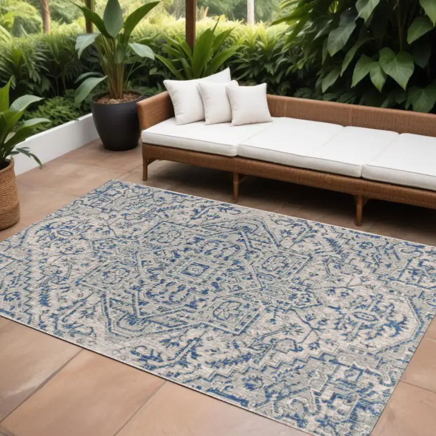 Navy Blue And Gray Medallion Indoor Outdoor Area Rug Photo 1