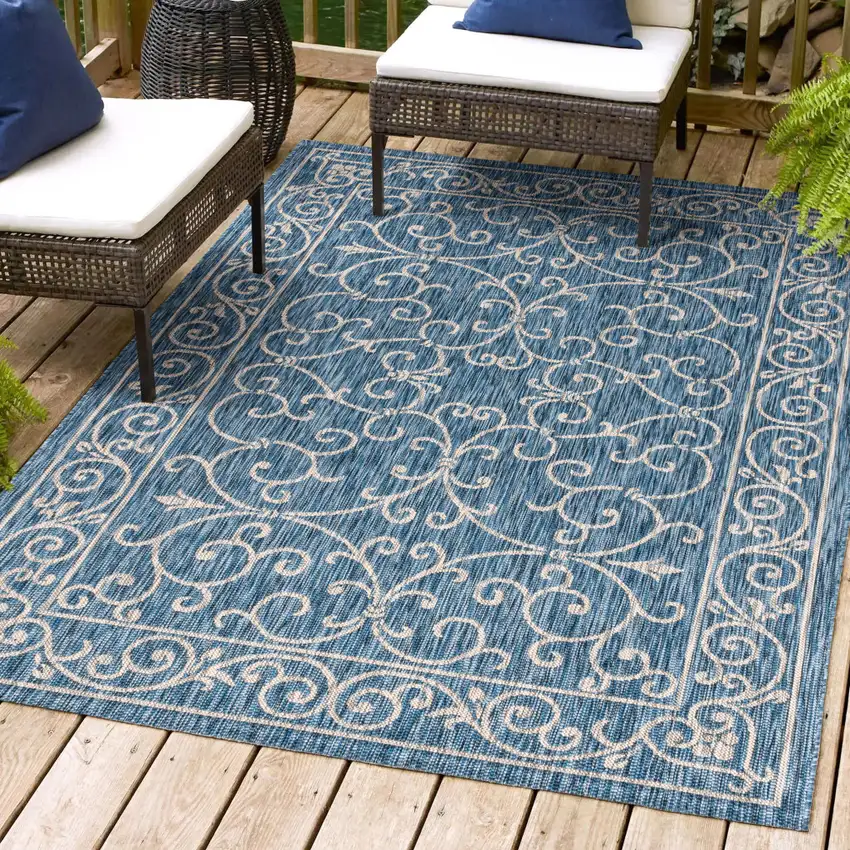 Navy Blue And Gray Medallion Indoor Outdoor Area Rug Photo 9