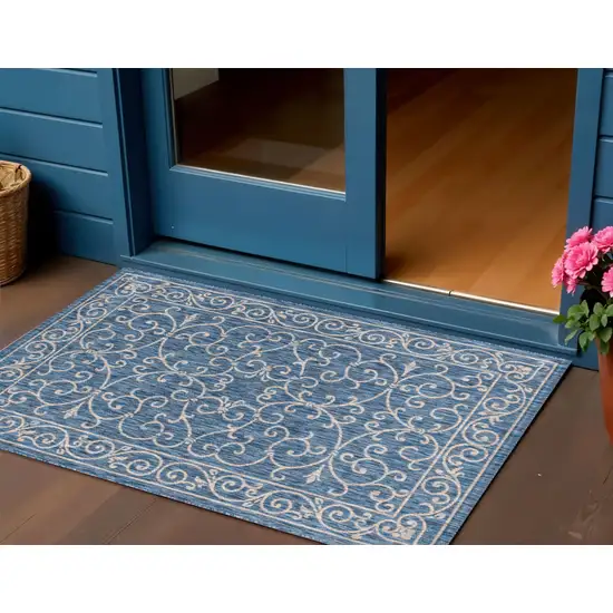 Navy Blue And Gray Medallion Indoor Outdoor Area Rug Photo 1