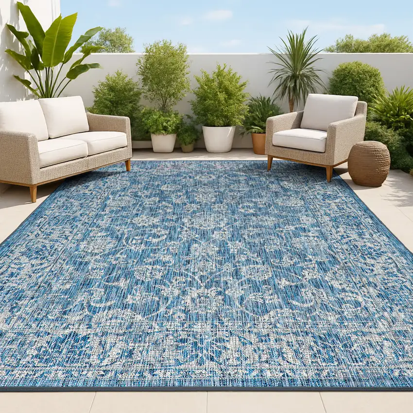 Navy Blue And Gray Medallion Indoor Outdoor Area Rug Photo 2