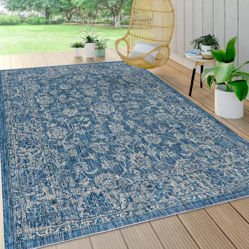 Navy Blue And Gray Medallion Indoor Outdoor Area Rug Photo 6