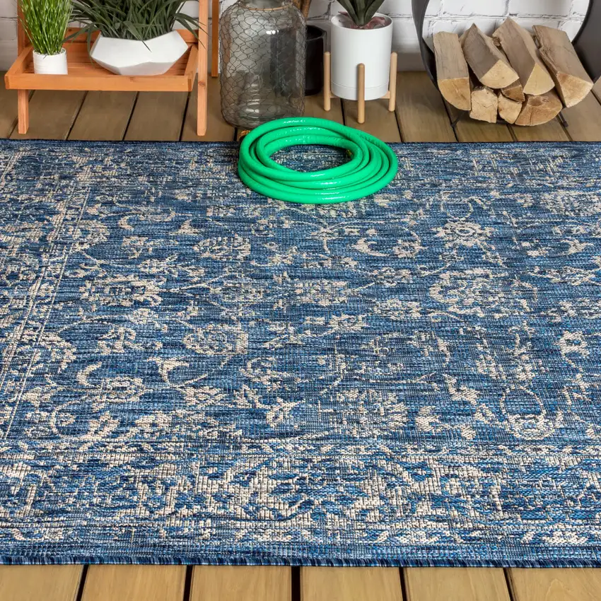 Navy Blue And Gray Medallion Indoor Outdoor Area Rug Photo 5