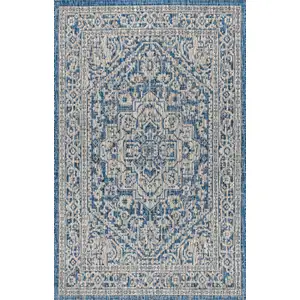 Photo of Navy Blue And Gray Medallion Indoor Outdoor Area Rug