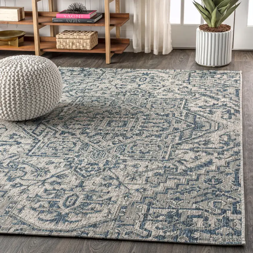 Navy Blue And Gray Medallion Indoor Outdoor Area Rug Photo 6
