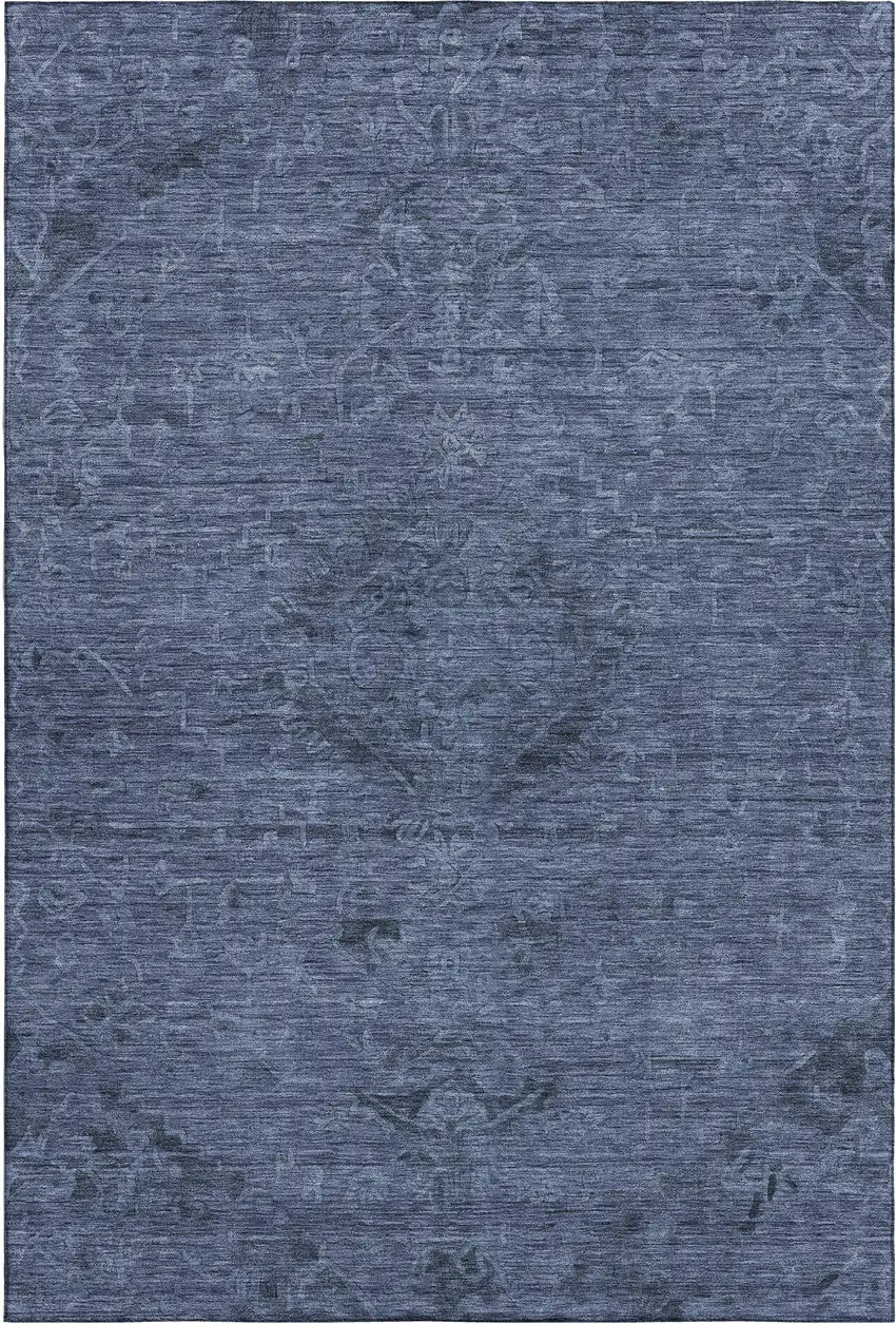 Navy Blue And Gray Medallion Washable Area Rug With UV Protection Photo 1