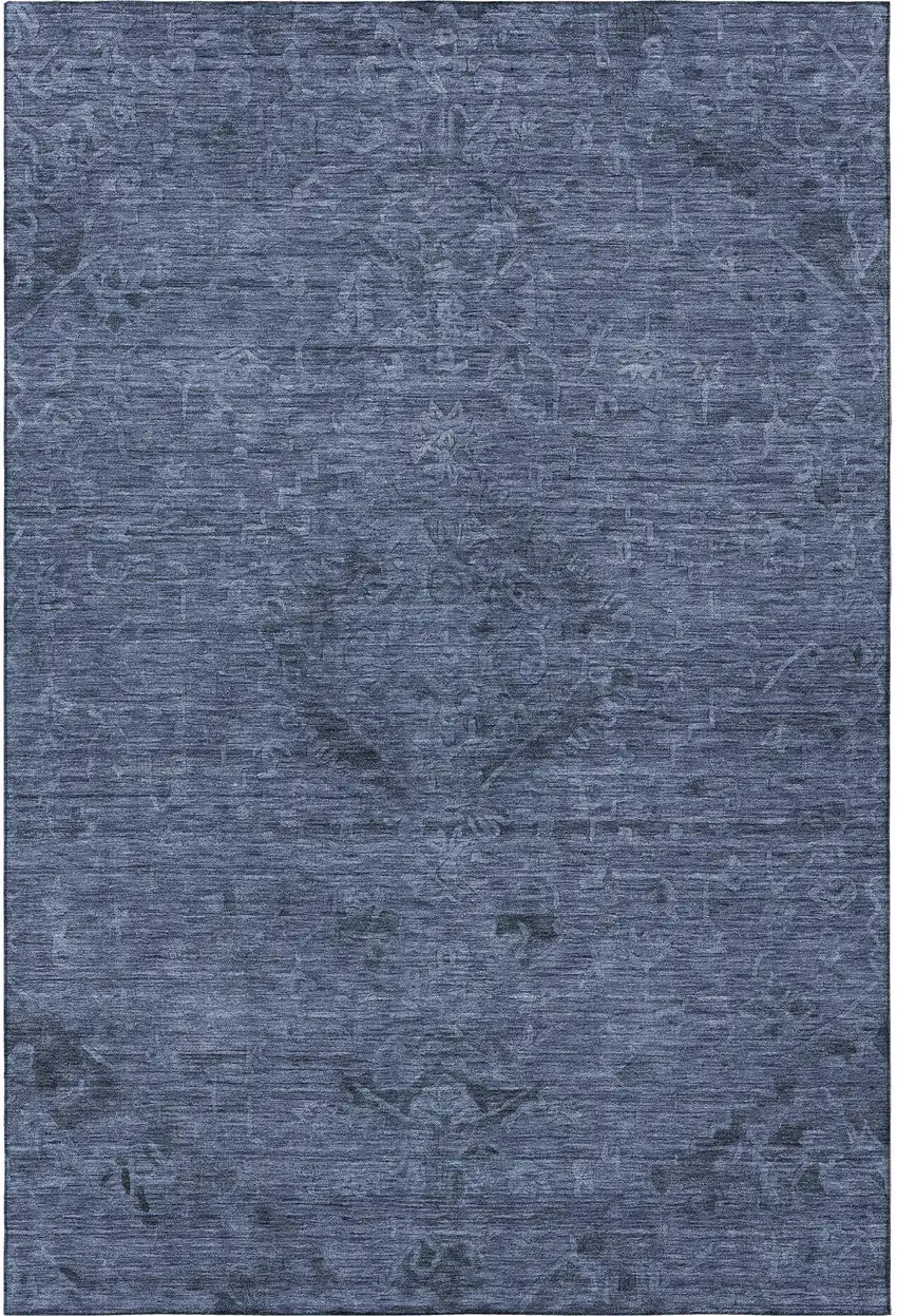 Navy Blue And Gray Medallion Washable Area Rug With UV Protection Photo 3