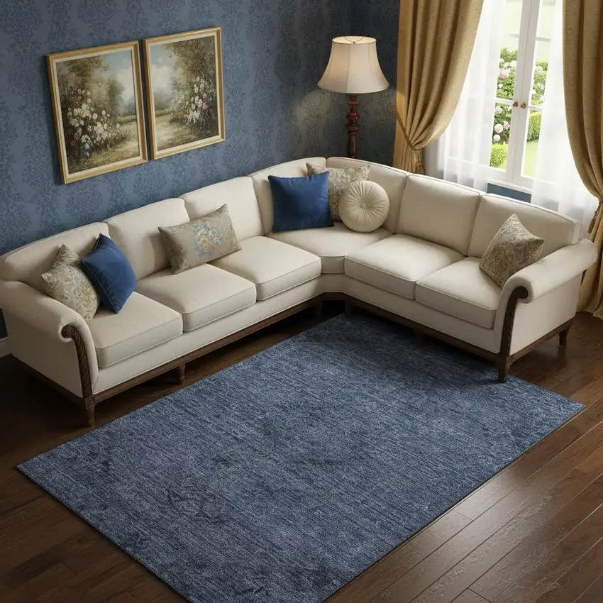 Navy Blue And Gray Medallion Washable Area Rug With UV Protection Photo 2