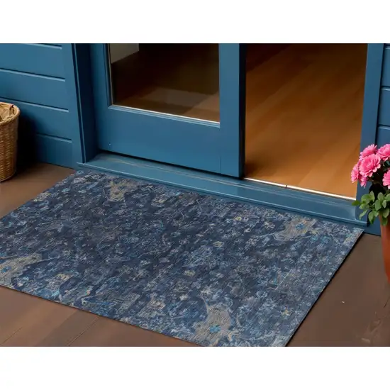 Navy Blue And Gray Medallion Washable Indoor Outdoor Area Rug Photo 1