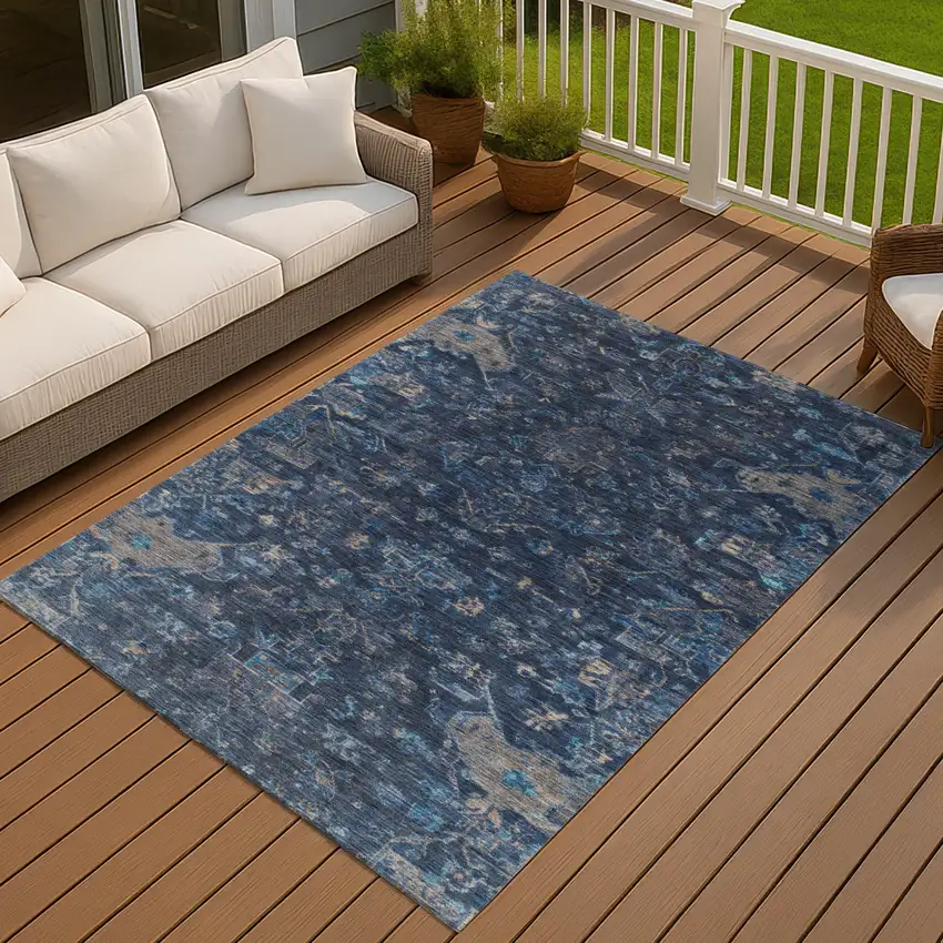 Navy Blue And Gray Medallion Washable Indoor Outdoor Area Rug Photo 8