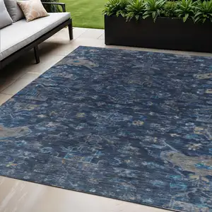 Photo of Navy Blue And Gray Medallion Washable Indoor Outdoor Area Rug