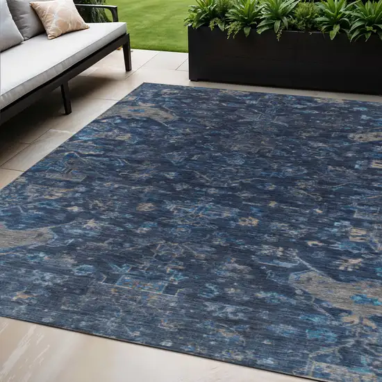 Navy Blue And Gray Medallion Washable Indoor Outdoor Area Rug Photo 1