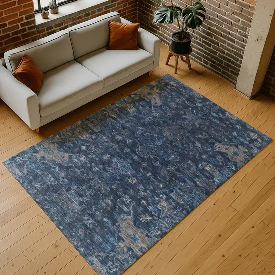 Navy Blue And Gray Medallion Washable Indoor Outdoor Area Rug Photo 9