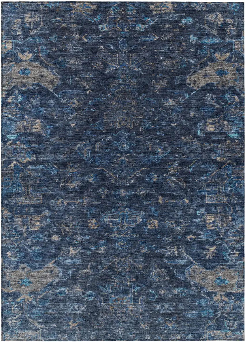 Navy Blue And Gray Medallion Washable Indoor Outdoor Area Rug Photo 2