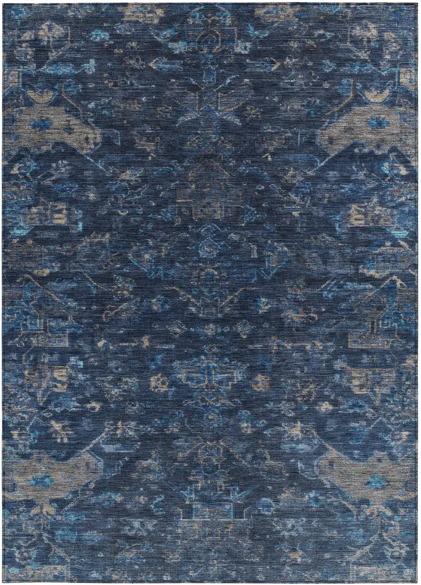 Navy Blue And Gray Medallion Washable Indoor Outdoor Area Rug Photo 5
